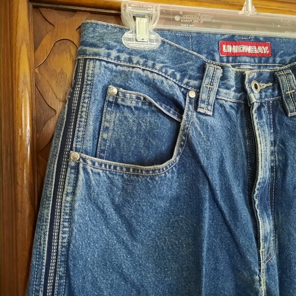 Union Bay 90s Vintage Striped Distressed Baggy Wide Leg Denim Jeans Mens 33x32 - Picture 4 of 16